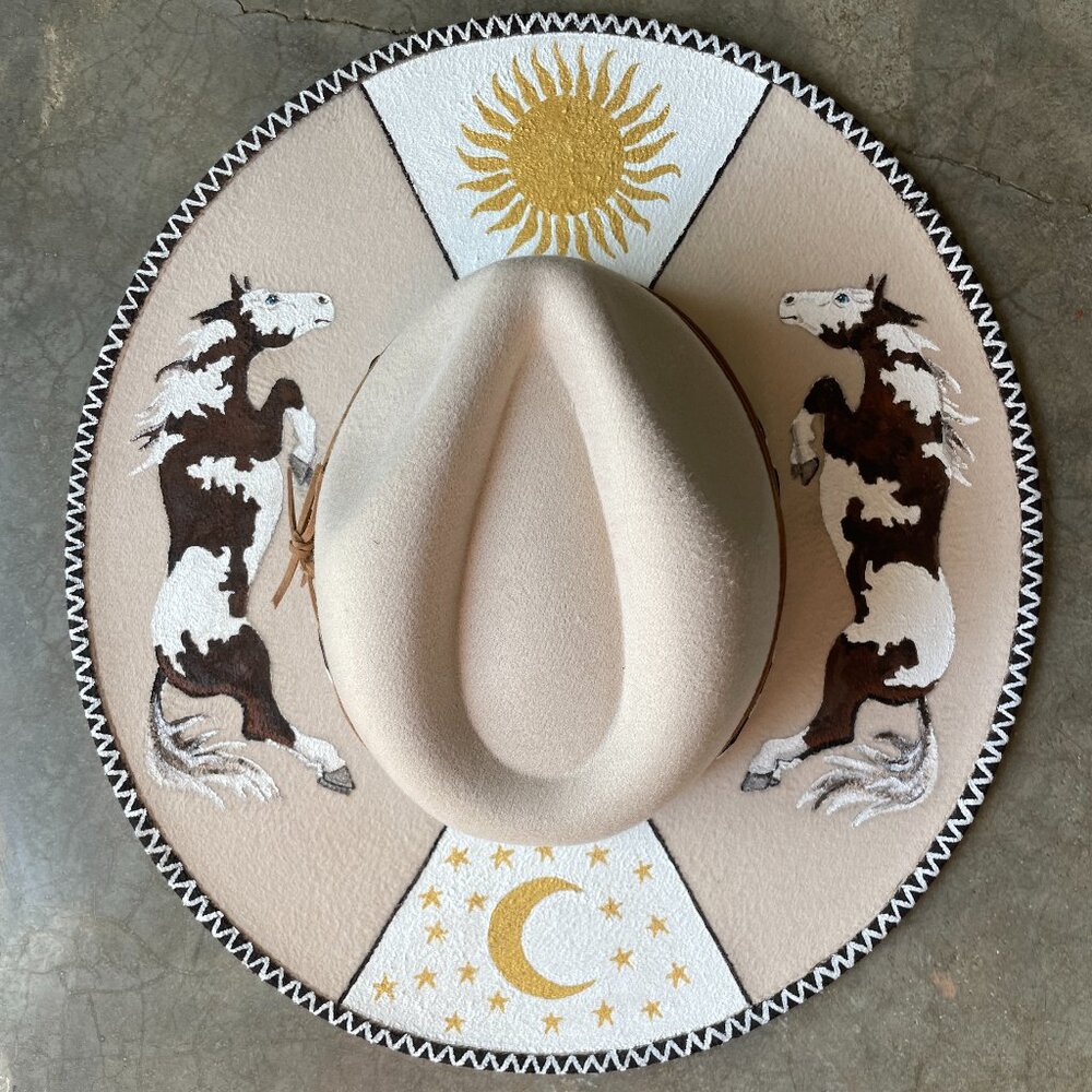 Western Fedora Felt Hat Wearable Art Jumping Paint Horses Sun Moon Stars